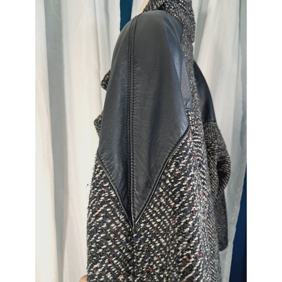 Vintage 80s Ann-Gee Wool Blend Coat XL Black Lined Tweed Leather Trim 11/12 - Picture 4 of 14